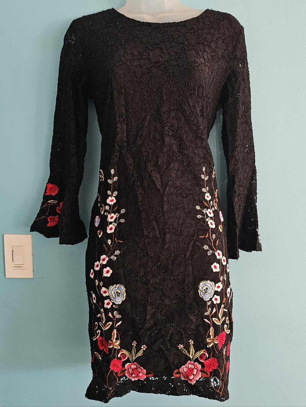 Desigual Black Long Sleeve Lace Dress with Multicolor Floral Embroidery